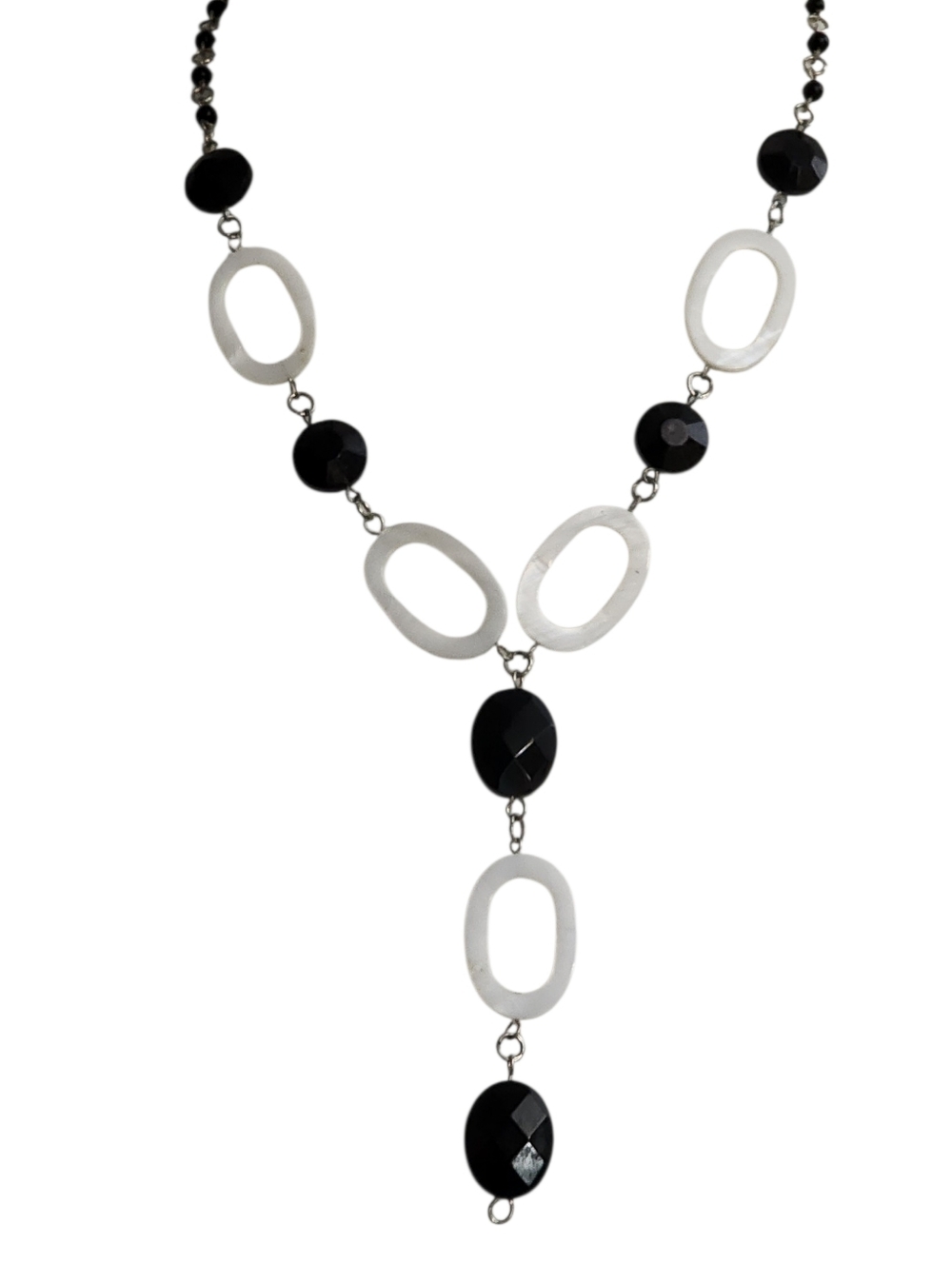 Black Beads Mother Of Pearl Link Drop Necklace
